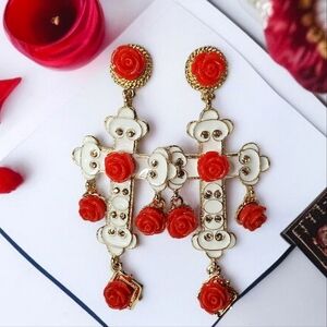 Dolce Style Romantic Baroque Roses Maltese Cross Earrings